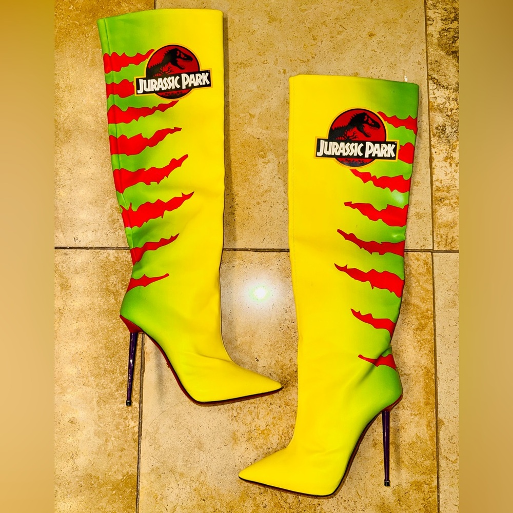 GCDS Jurassic Park Boots Rare Dino Logo Yellow Knee High Heels - EU 40/US 9